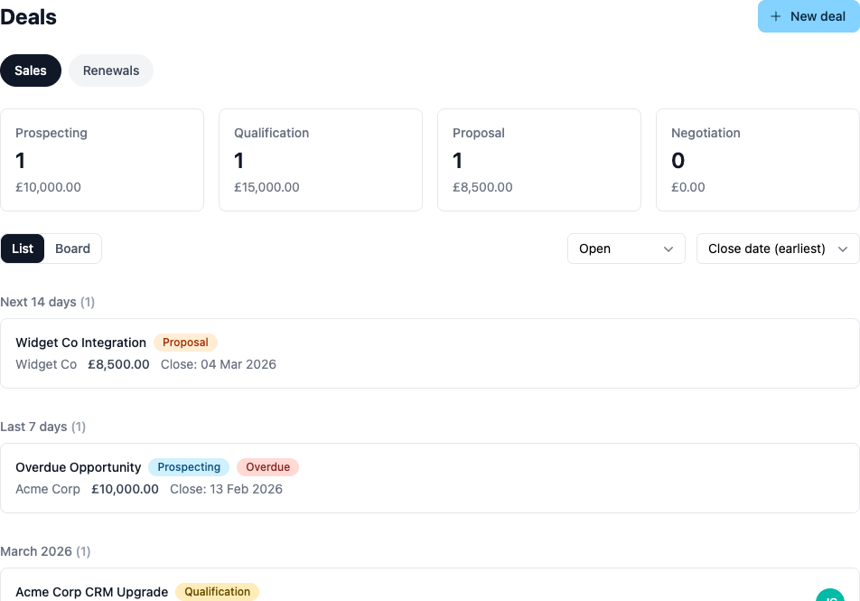 CRM deal pipeline board view